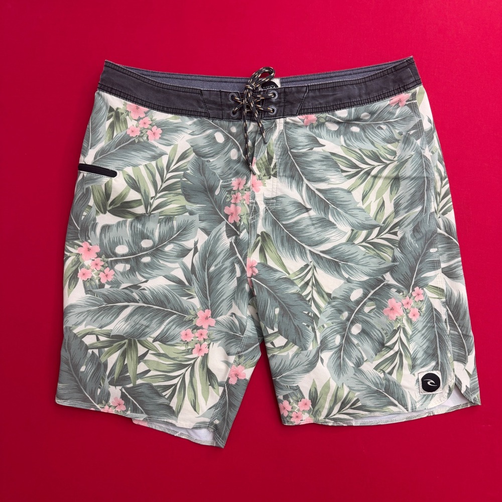 Rip Curl Mens Tropical Floral Board Shorts Green Pink Size 36 Surf Skate Trunks